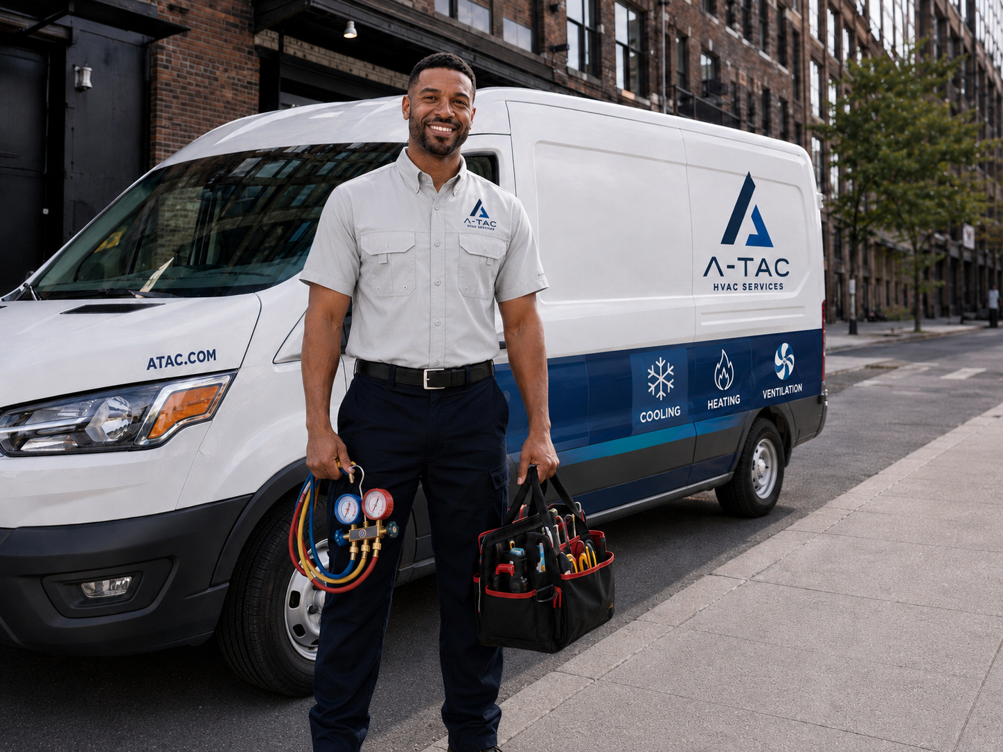 A-TAC technician with tools in front of a service van