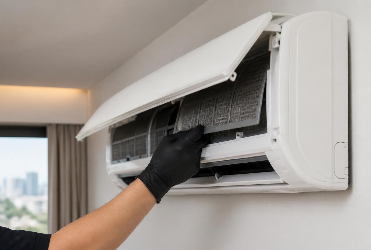 Technician servicing the filter of a wall-mounted ductless mini-split indoor unit