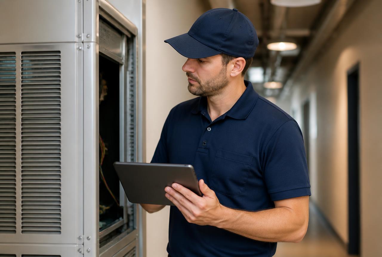 A-TAC technician recording equipment condition on a tablet during a property assessment
